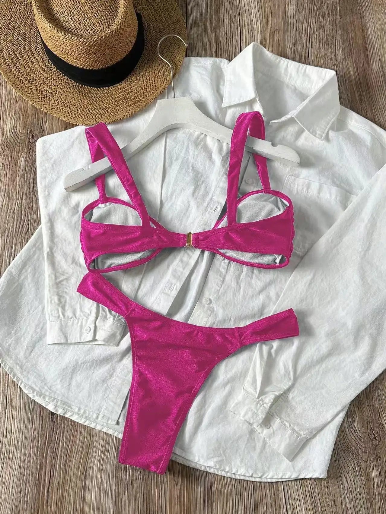 Sexy Metal Shell Ornament Bikini Set 2026 Women Hot Pink Pleate Push Up Bra Thong Swimsuit Summer Bathing Suit Micro Swimwear