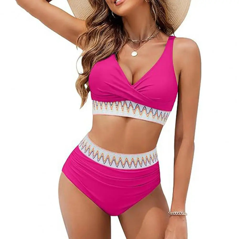 Two Piece High Waist Swimsuit Women Bikini Set V-Neck Tummy Control Bathing Suit for Daily Vacation Party Beach Wear