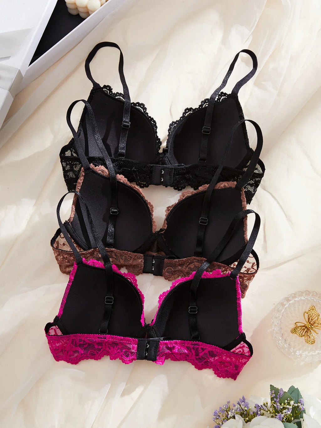 3PCS Daily Lace Trim Women's Underwear Set Rhinestone Push up Bra wite Underwire Soft & Stylish Female Slim Bra