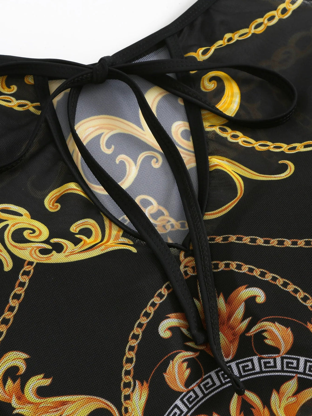 2026 Printed Mesh Swimsuit One Piece & Beach Dress Long Sleeves Swimwear Women Bathing Swimming Swim Suit Padded Beachwear
