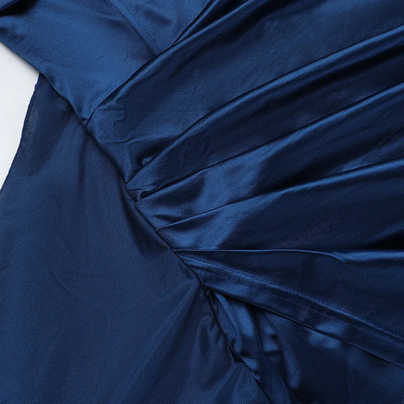 Elegant Strapless Solid Evening Gown Chic Satin Corset Dress for Women V-neck Split Blue Long Dress Lady Summer Party Dress up