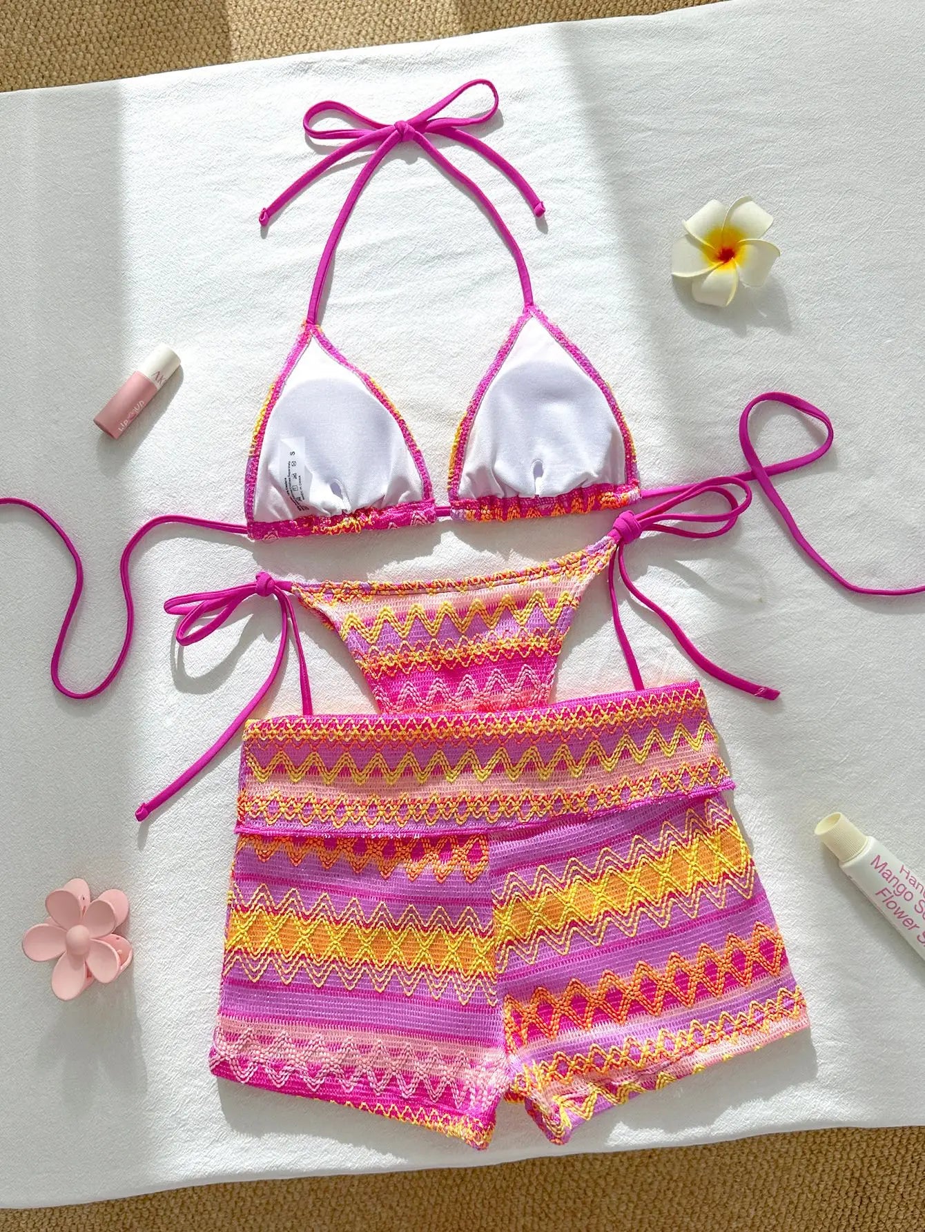 Sexy Red Striped Knitted Bikini Set 2026 Women Patchwork Push Up Bra Thong Swimsuit Beach Bathing Suit Cover Up 3 Piece Swimwear