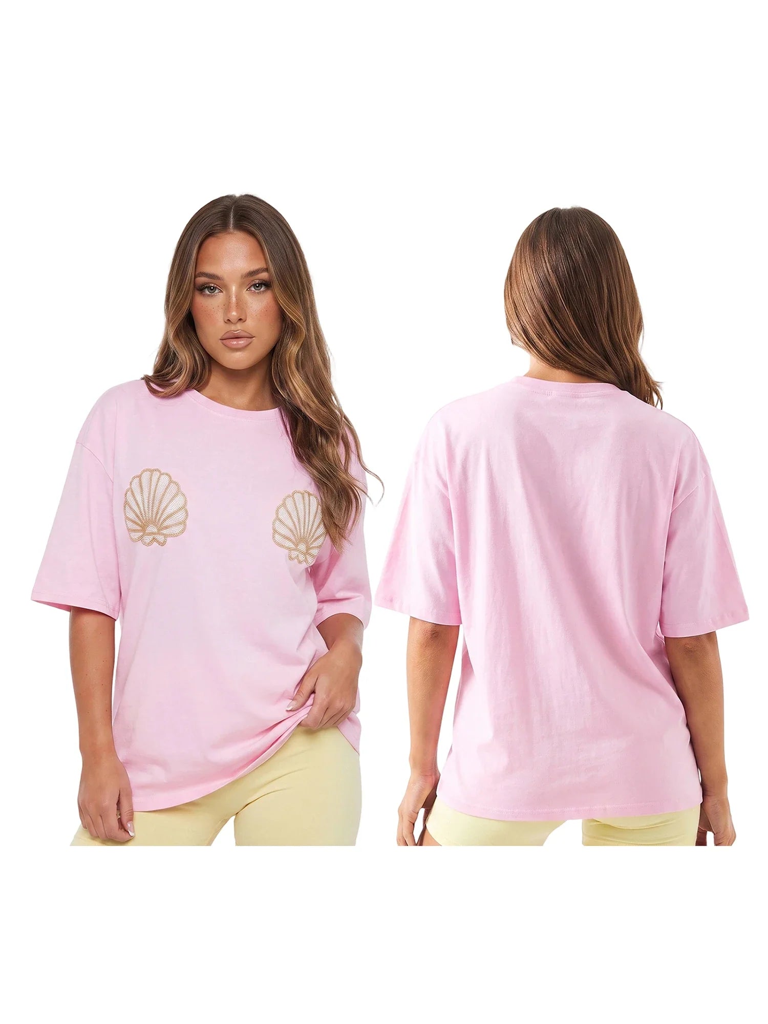 Women Oversized Short Sleeve T-shirt Sparkle Shell Embroidery Loose Shirts Summer Daily Casual Baggy Tops