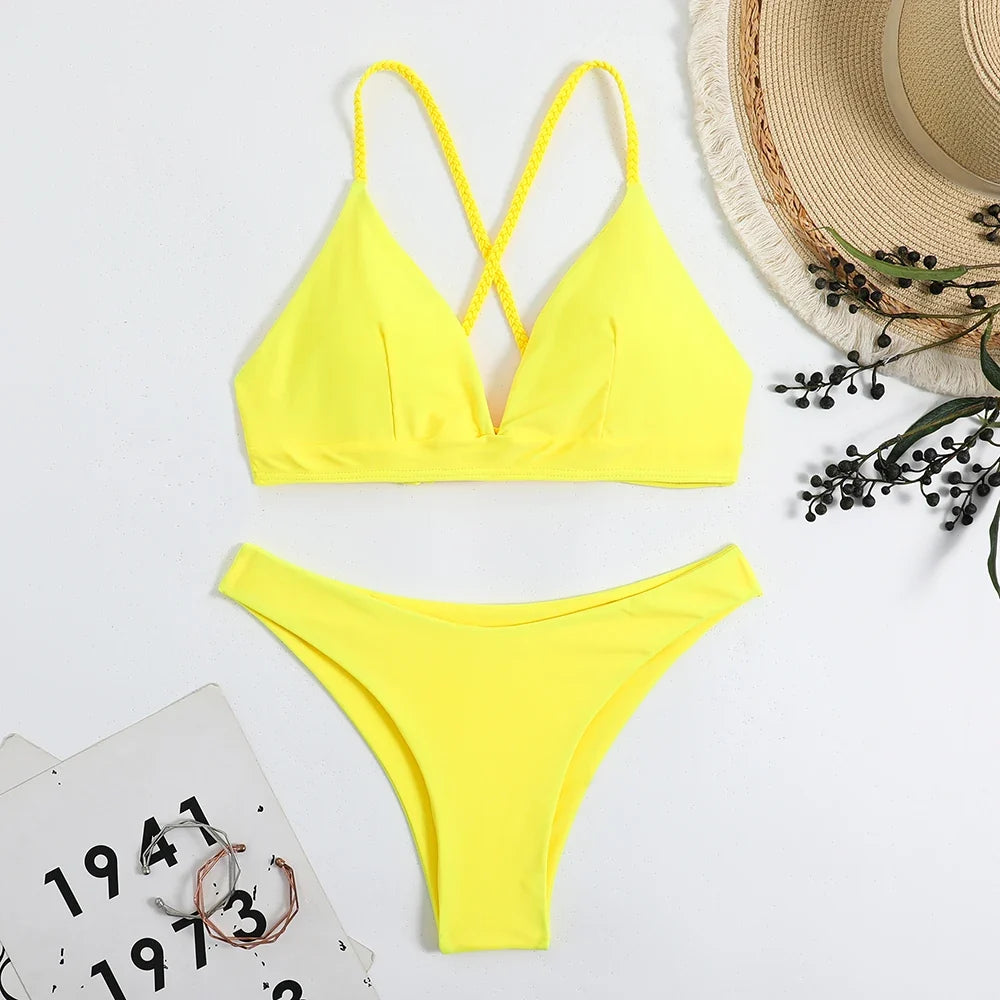 2026 V Neck Two Piece Solid Bikini Back String Women Swimwear Female Swimsuit Bathers Bathing Swimming Suit Beachwear Summer