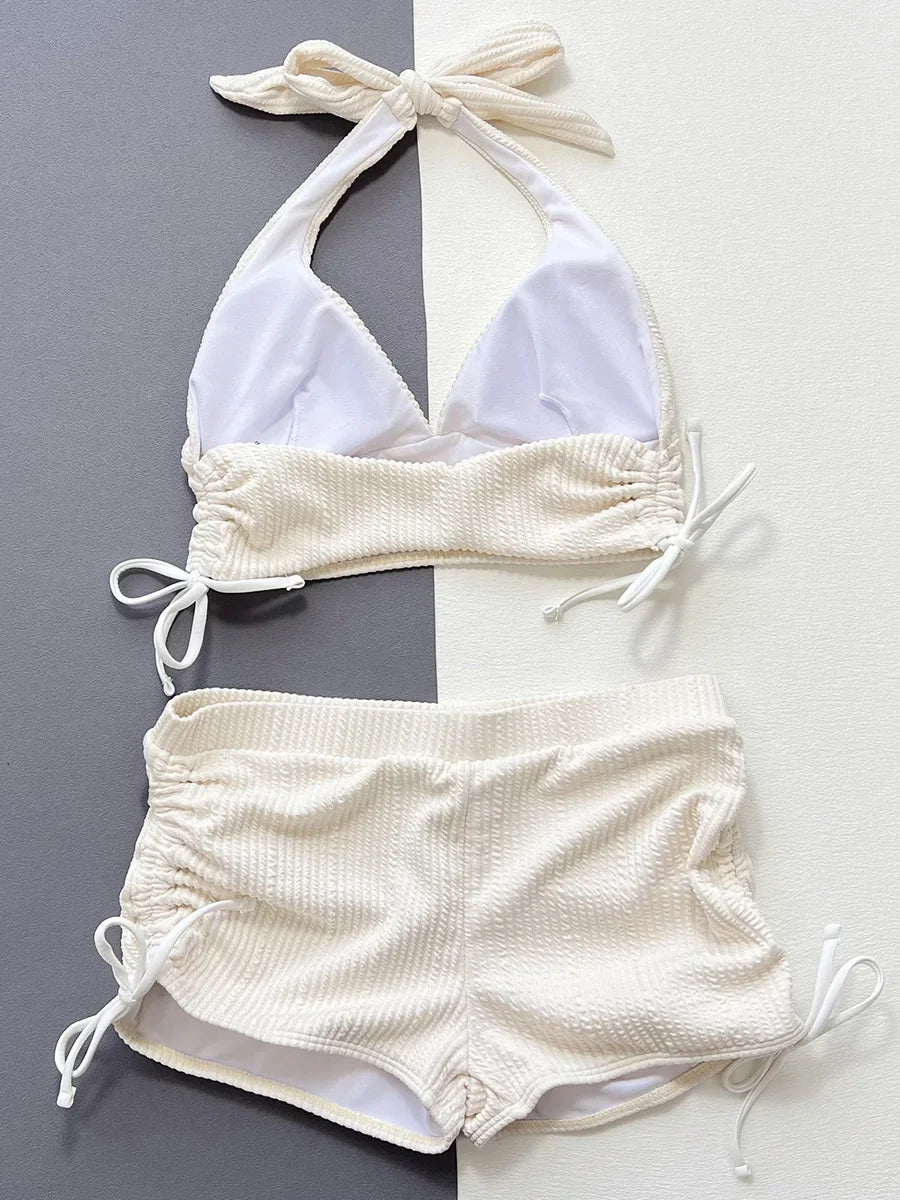 2026 Halter V Neck Shorts Bikini Female Swimsuit High Waist Bikini Women Swimwear Two-pieces Bikini Set Ribbed Bathing Suit Swim