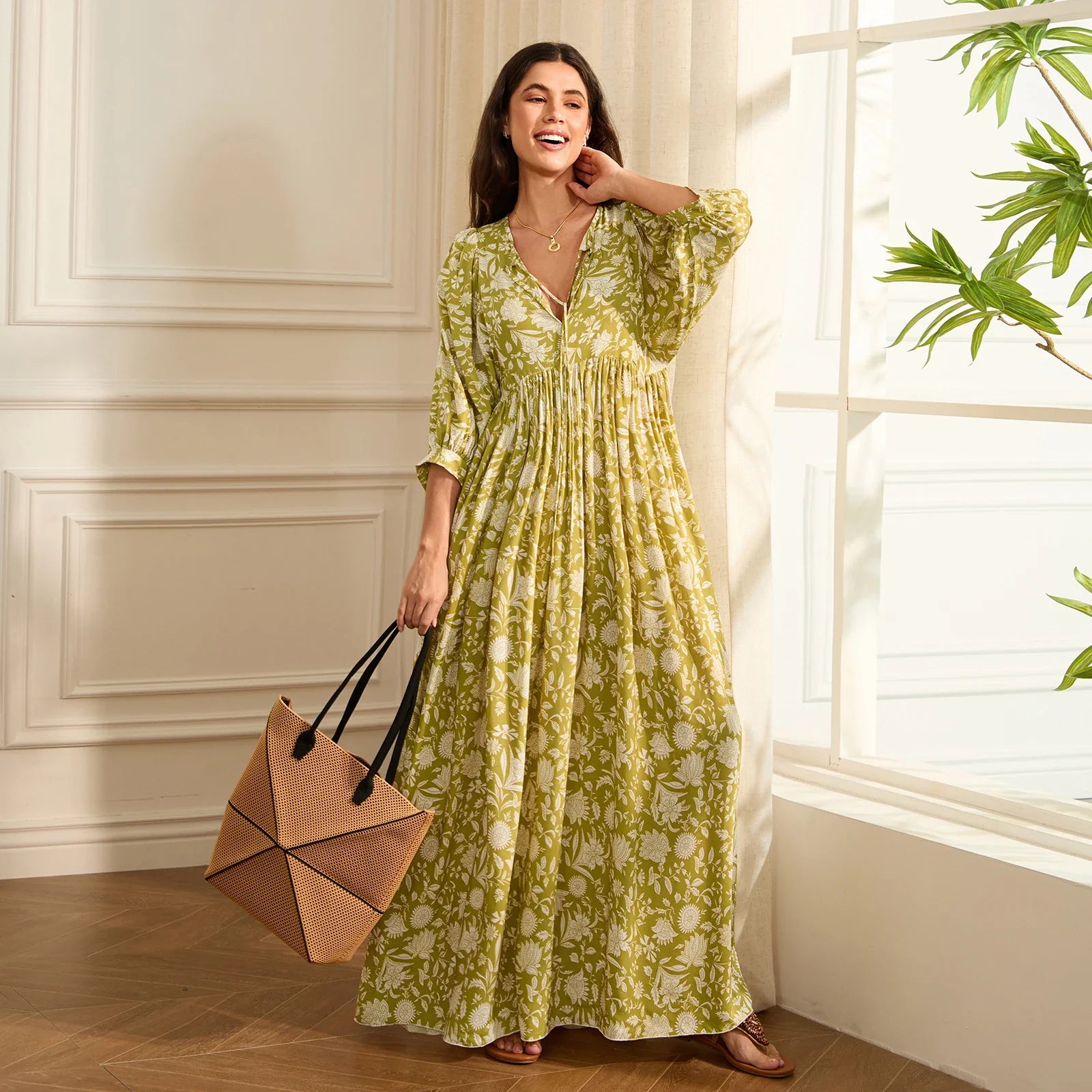 Women Bohemian Holiday Beach Long Dress 3/4 Sleeve V Neck Floral Print Loose Summer Casual Swing Dresses