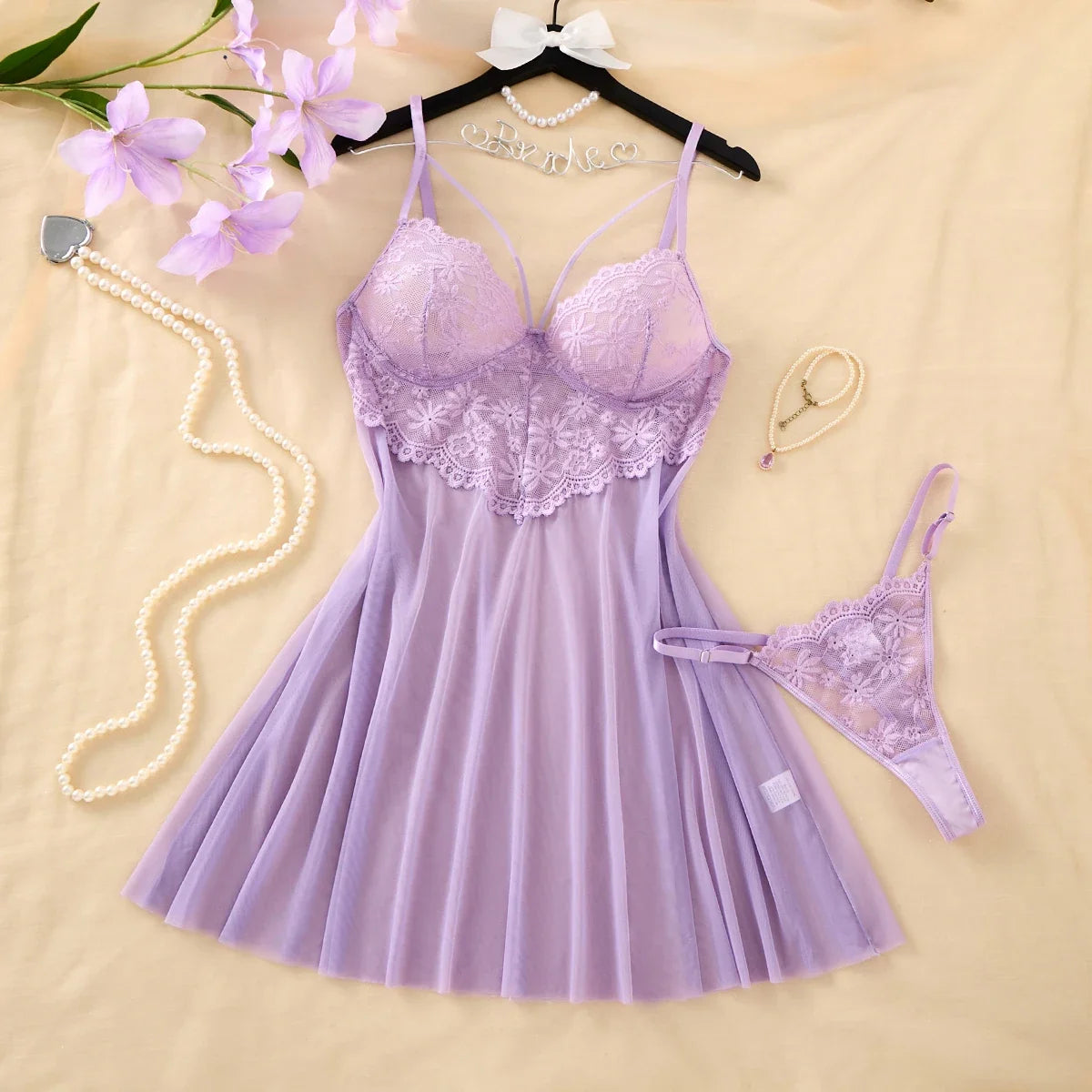 Girls limited edition purple floral embroidery nightgown .Lightweight sheer lace halter dress for ladies,sexy home wear