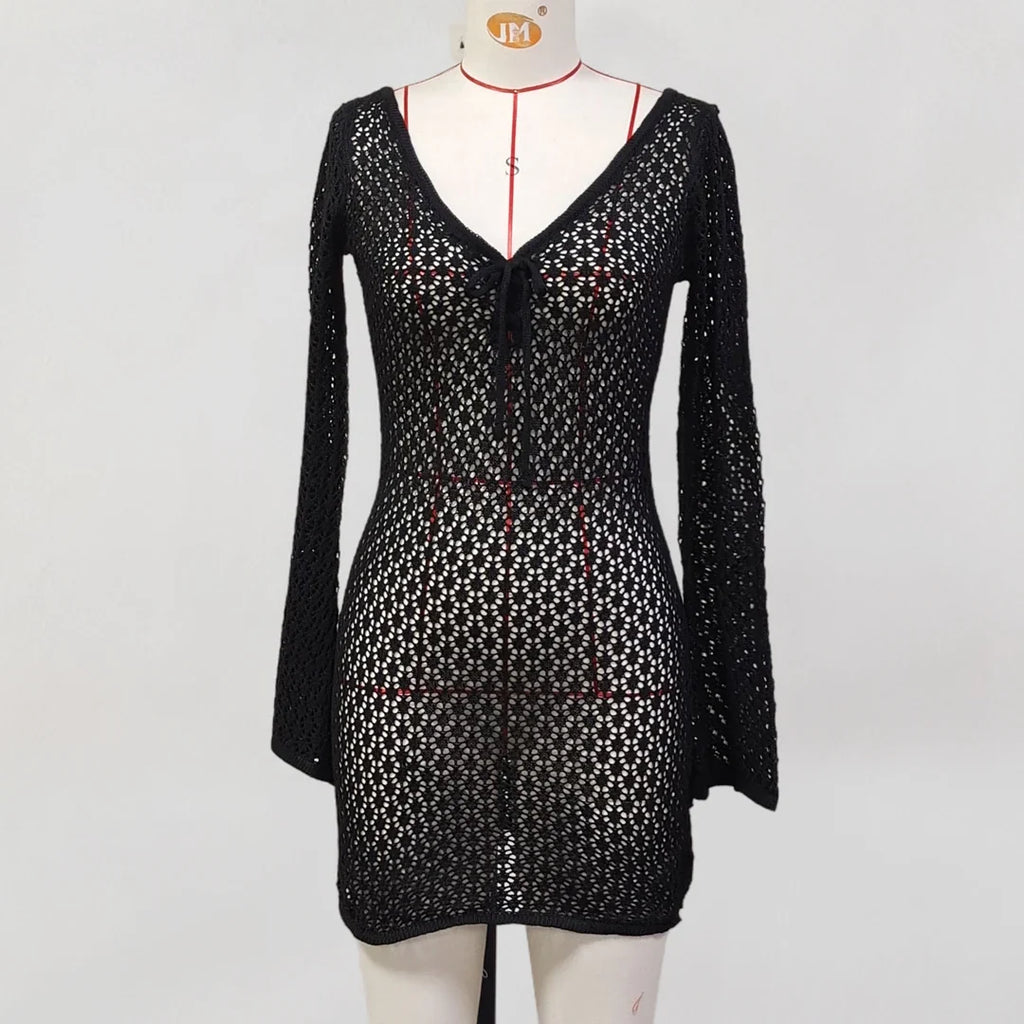 V Neck Long Sleeve Hollow Out Crochet Knitted Tunic Beach Cover Up Cover-ups Beach Dress Beach Wear Beachwear Female Women V6081