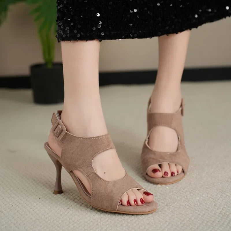 2026 Summer Fashion Buckle Pointed Toe Women's High Heel Sandals Anti-Slip Elegant Dress Fish Mouth Shoes Large Size Femininas