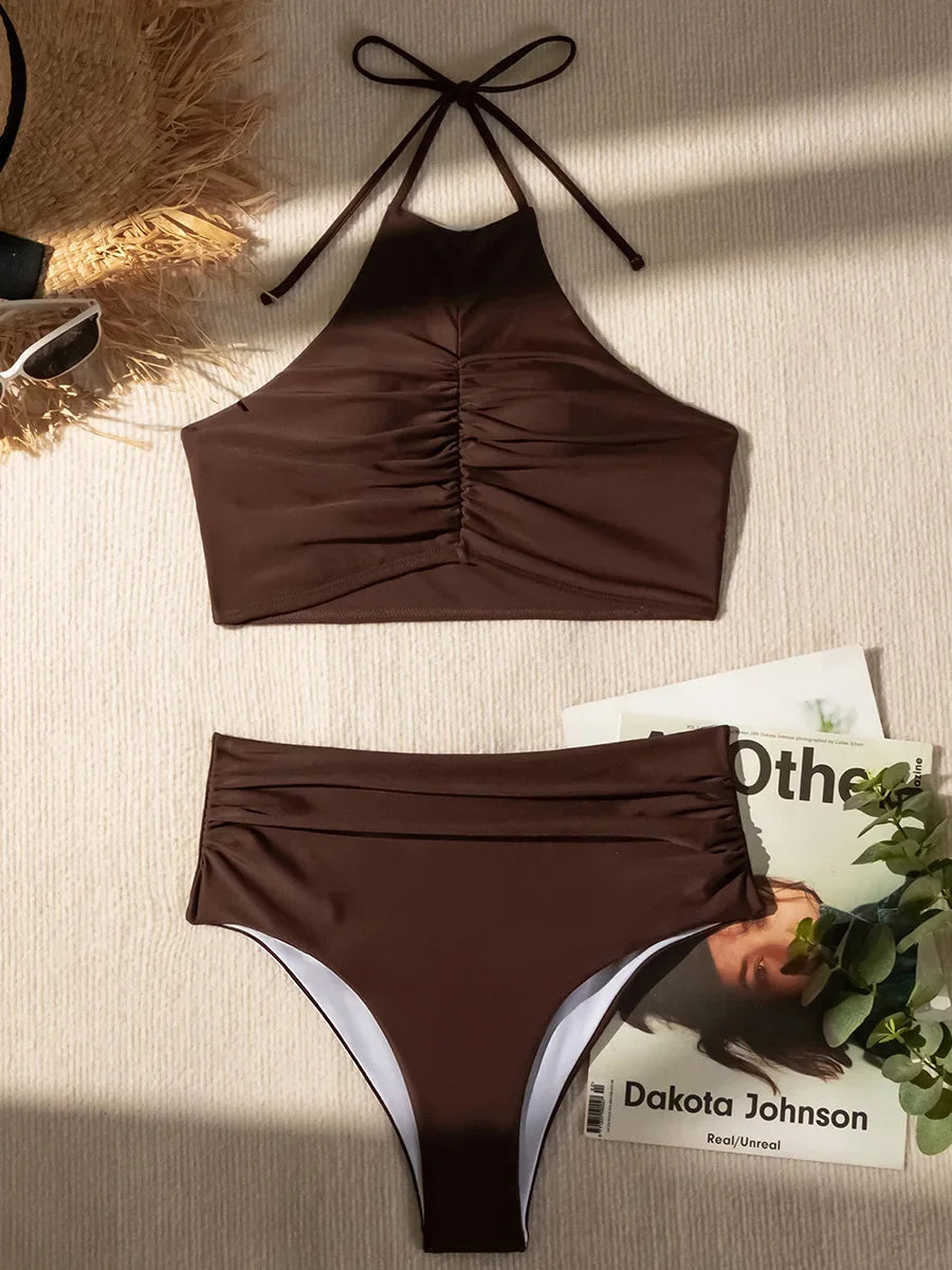 Wrinkled Halter High Neck Bikinis 2026 Female Swimsuit High Waist Bikini Women Swimwear Two-pieces Bikini Set Bathing Suit Swim