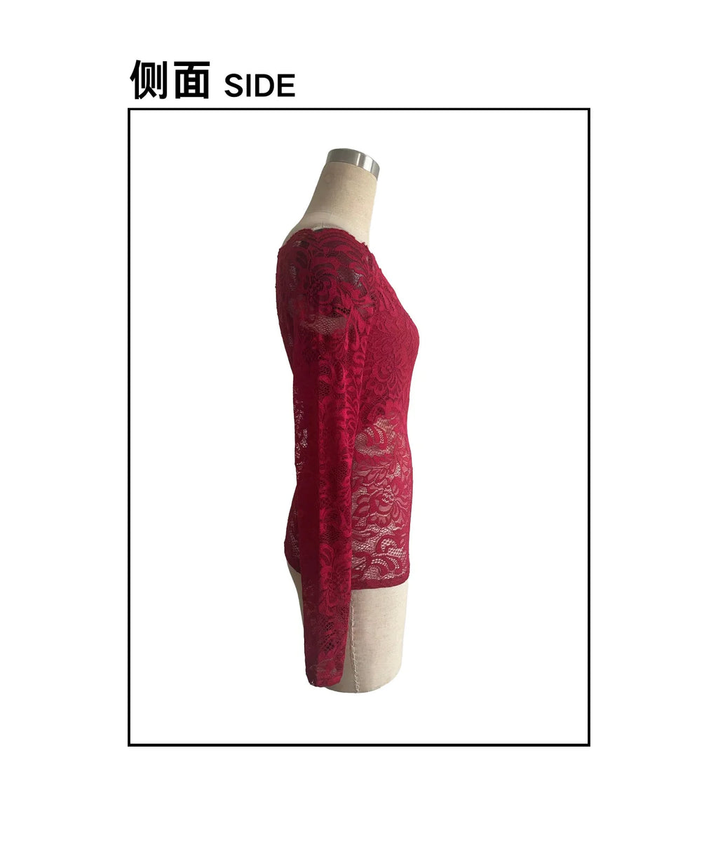 European and American elegant scalloped neckline, off-the-shoulder lace slim fit T-shirt long-sleeved top