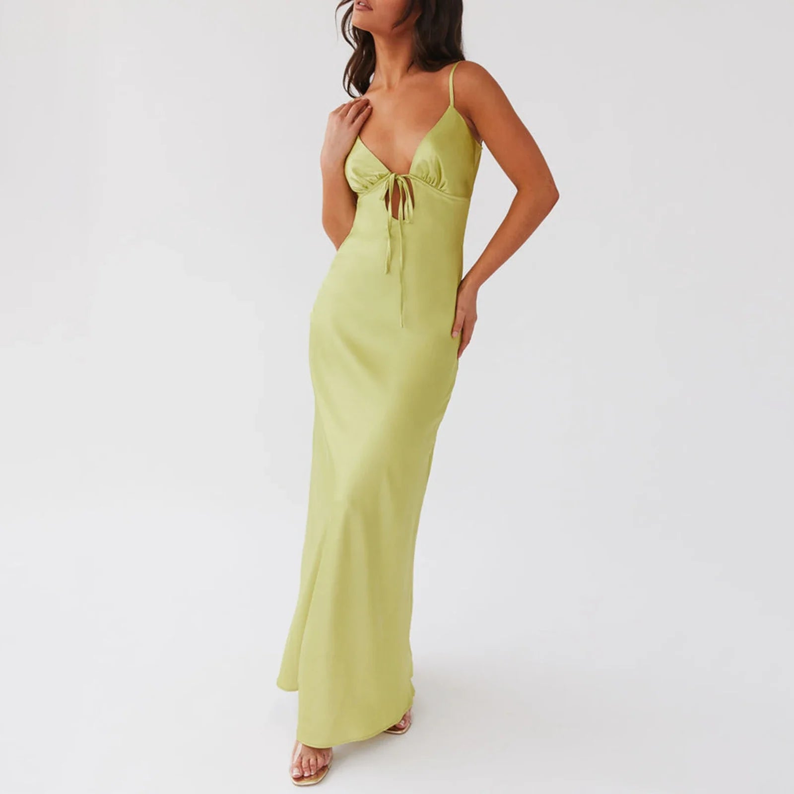 Women Cami Dress Solid Color Sleeveless Tie-Up Front Backless Dress Long Dress Summer Casual Dress