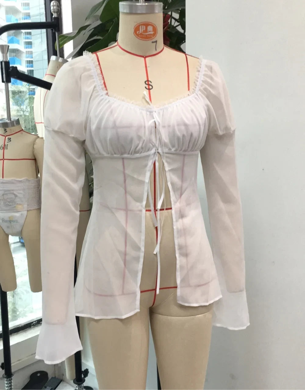 Spring Summer Women Solid Color Split Tie Front Tops See Through Frill Trim Square Neck Long Puff Sleeve Mesh Shirts