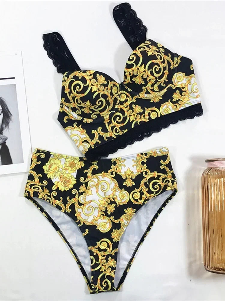 Printed Bra Cup Bandeau Bikinis Female Swimsuit High Waist Bikini Women Swimwear Two Pieces Bikini Set Push Up Bathing Suit Swim