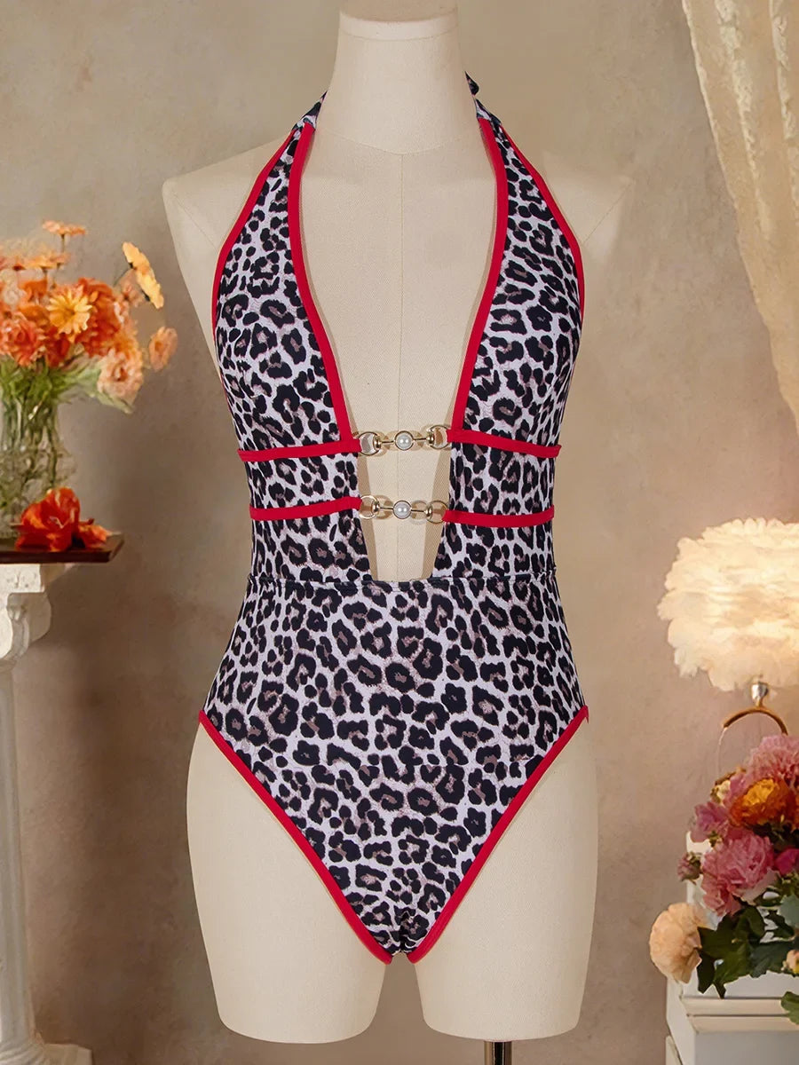 Tiger Printed Halter Deep V Neck One Piece Swimsuit Women Swimwear Female Backless Monokini High Cut Bathing Suit Swim Bodysuit