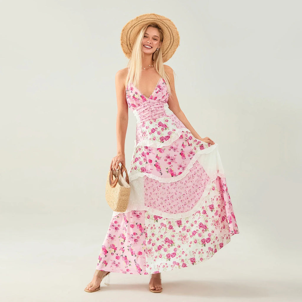 Women's Summer Floral Print Bohemian Long Dress Stylish Lace Patchwork Ruffled Trim Spaghetti Strap V Neck A-Line Dress