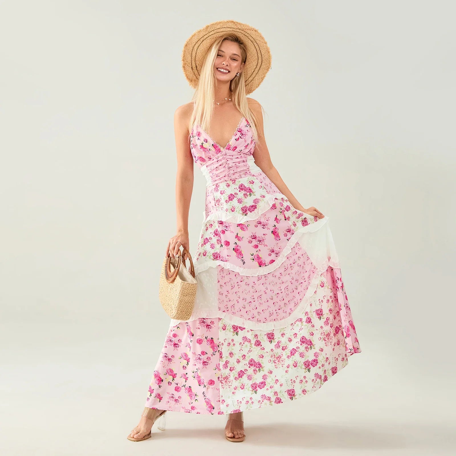 Women's Summer Floral Print Bohemian Long Dress Stylish Lace Patchwork Ruffled Trim Spaghetti Strap V Neck A-Line Dress