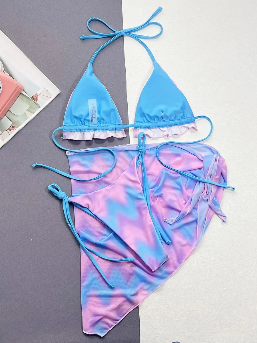 With Sarong Halter Ruffled Tie Dye Bikini Women Swimwear Female Swimsuit Three-pieces Bikini Set Bathing Suit Swim Beachwear