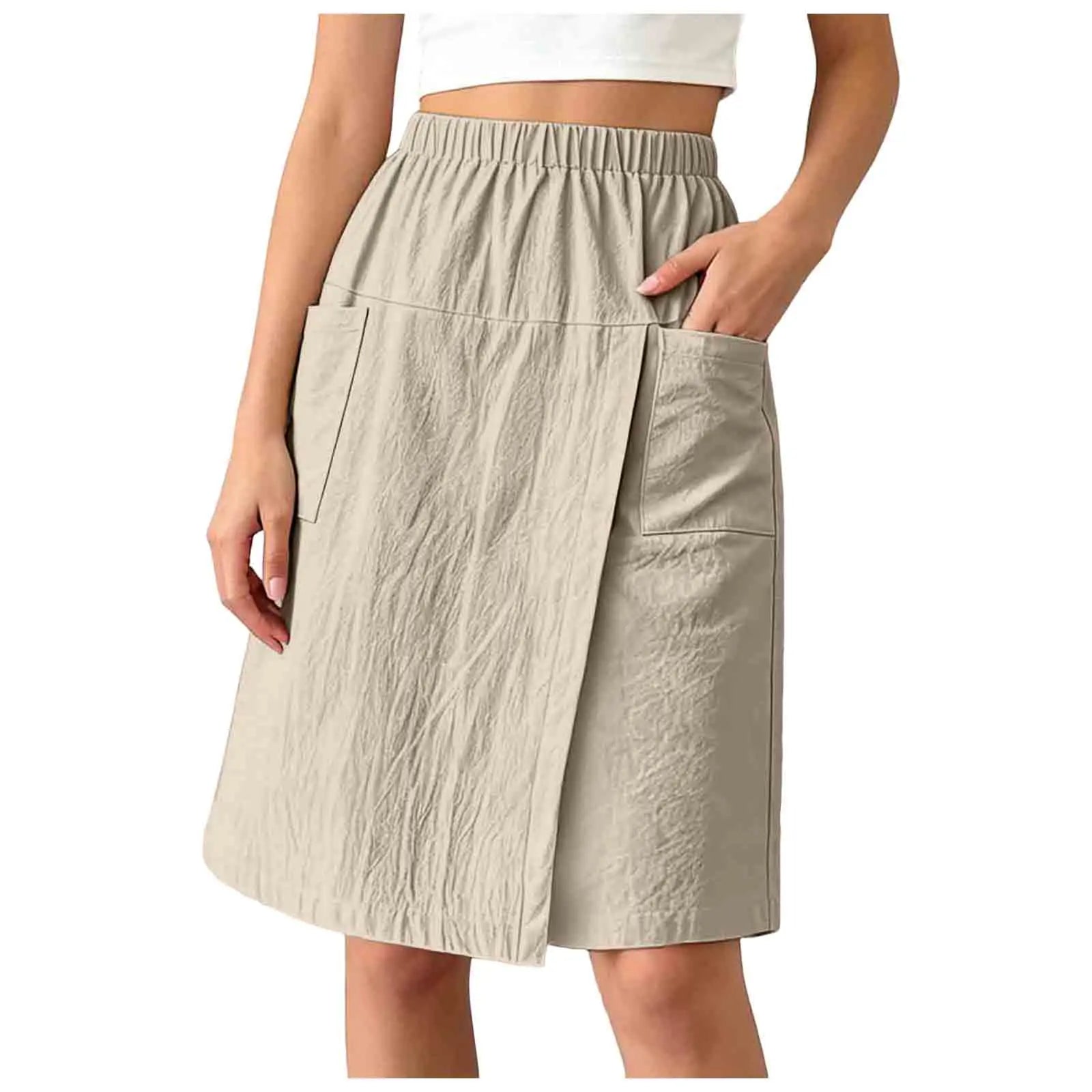 Women's Textured Wrap Skirt Shorts Solid Color Elastic Waist Midi Skort With Pocket Casual Loose Fit Layered A Line Summer Short