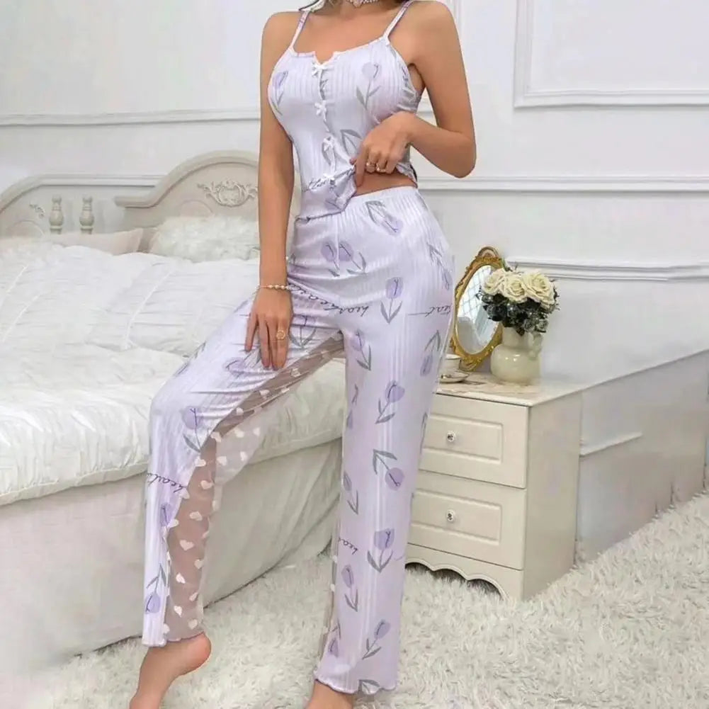 2 Pcs/Set Women Vest Pants Suit Homewear Sleepwear Outfit Bow Heart Print Sleeveless Shirring Edge Top Mesh Patchwork Trousers