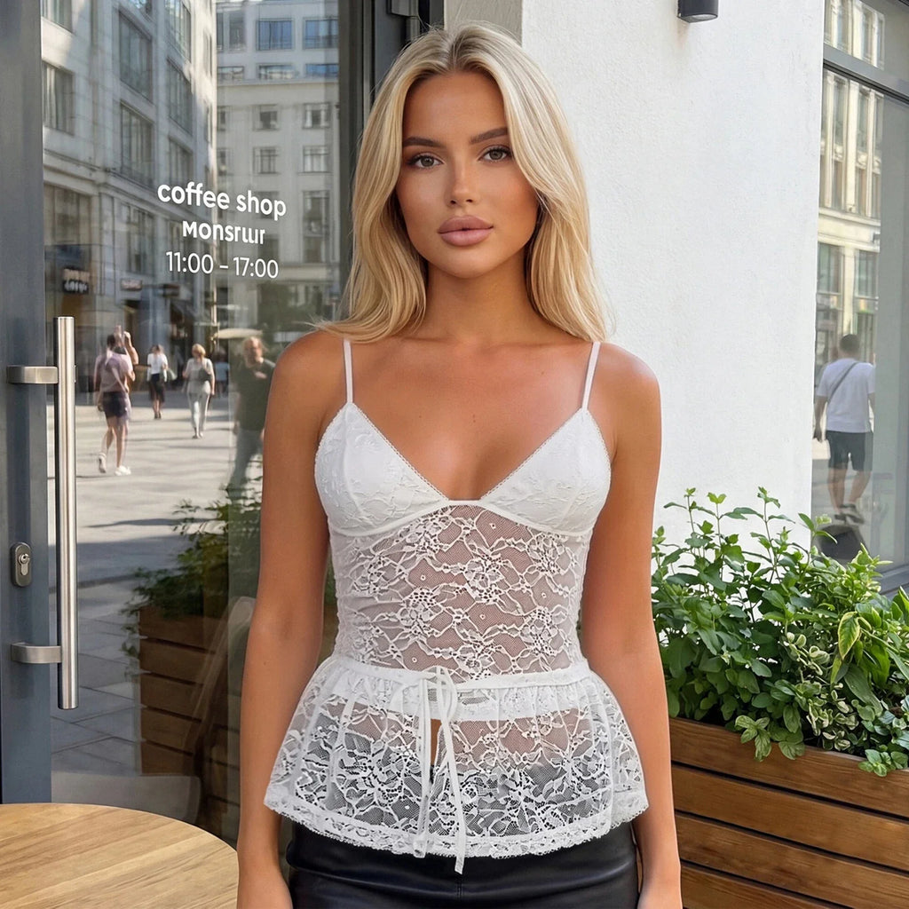 Women Lace Camisole Sleeveless Tops V-neck Solid Color Slim Fit Summer Sheer Crop Tops Party Clubwear