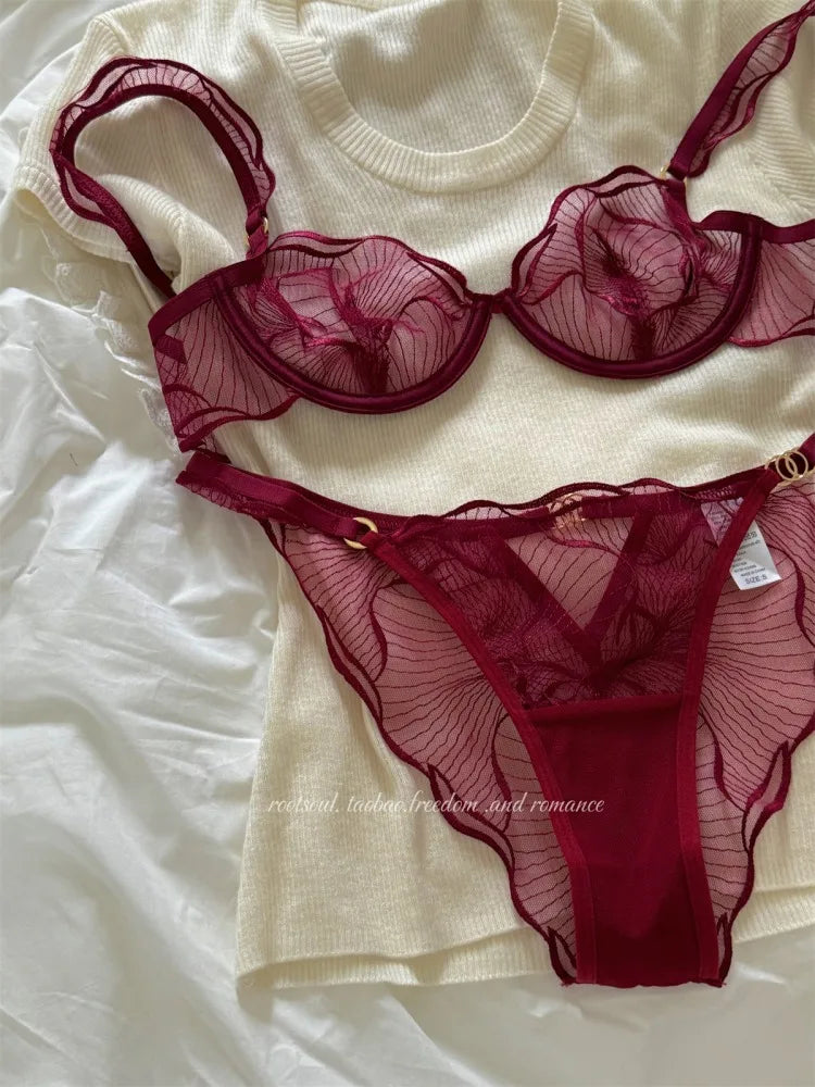 Summer French Flower Embroidery Bralette Beachwear Pure Desire Ultra Thin Light Support Wirefree Romantic Niche Set AU MOYISU