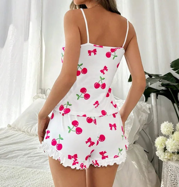 Women Summer Pajama Set Soft Casual Cherry Print Strap Cami Top and Ruffle Shorts Set Homewear Loungewear Clothes