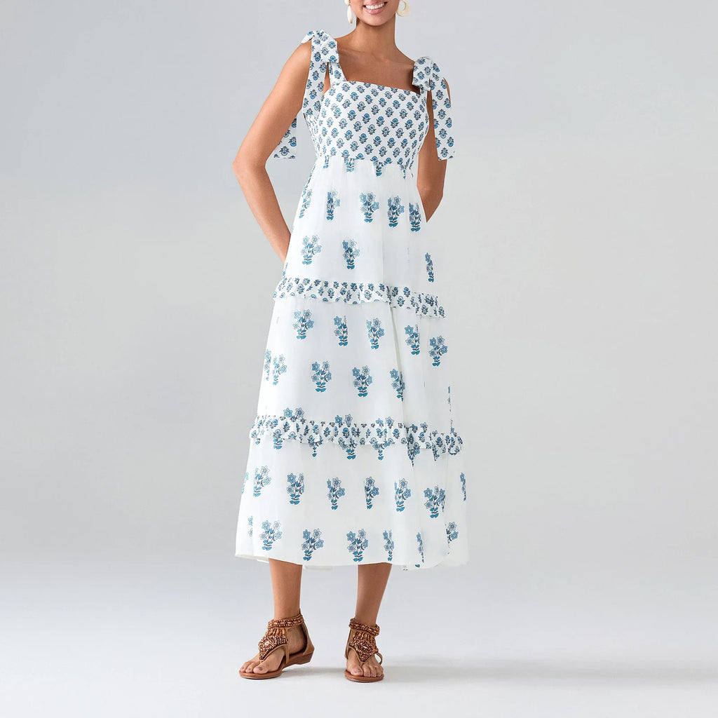 Flower Print Tie Strap Swing Dress Women A-Line Square Neck Tiered Ruffled Summer Bohemian Beach Long Tank Dress