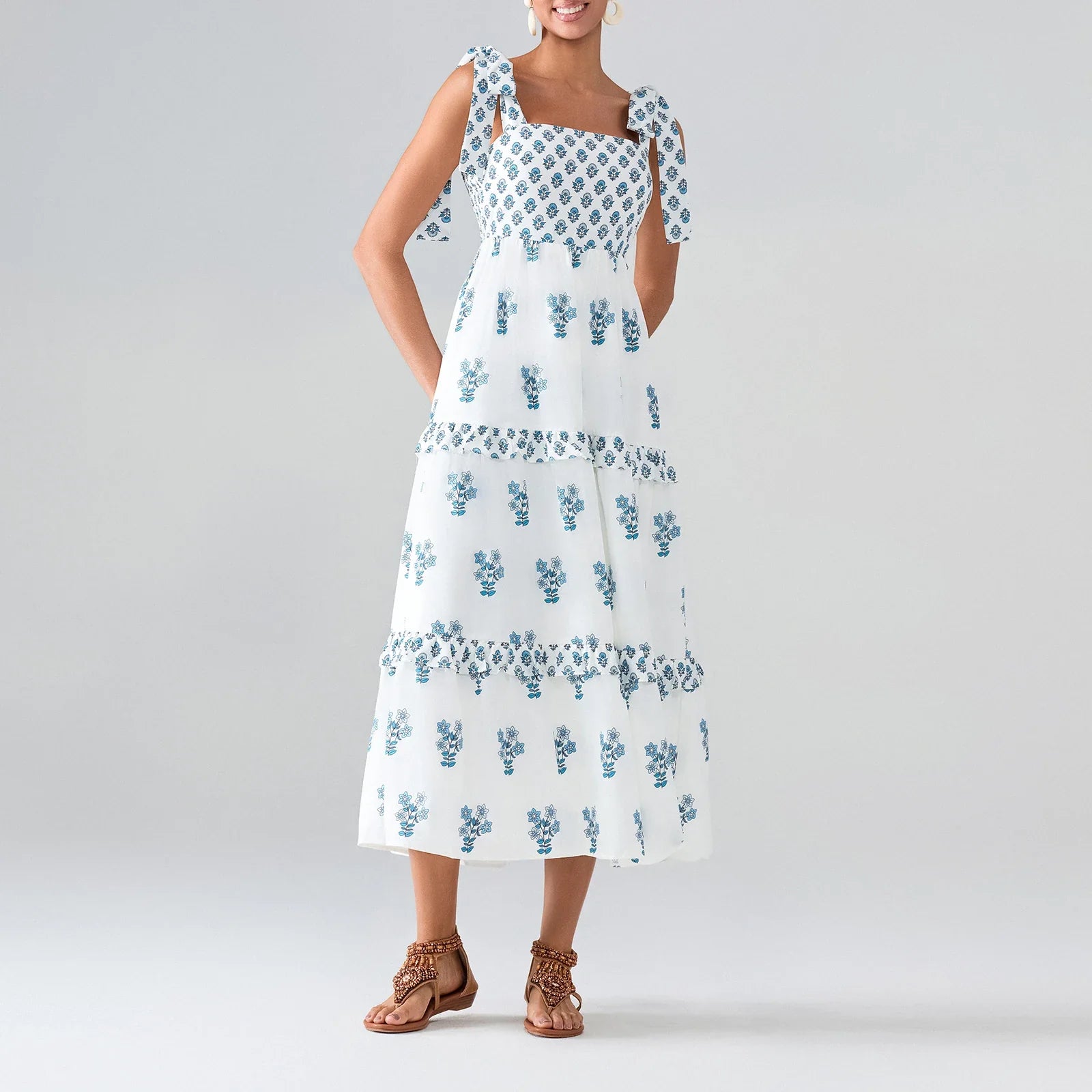 Flower Print Tie Strap Swing Dress Women A-Line Square Neck Tiered Ruffled Summer Bohemian Beach Long Tank Dress