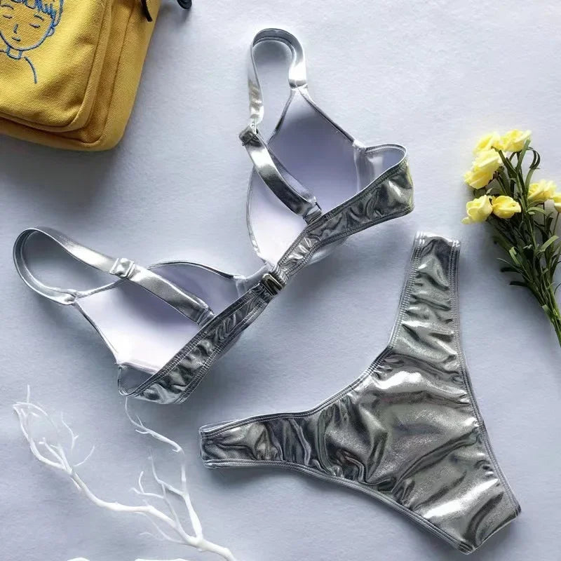Sexy Metallic Push Up Micro Bikinis Sets Padded Bra Bathing Suit Beach Wear Women Sexy Thong Bikini Reflective Shiny Swimsuits