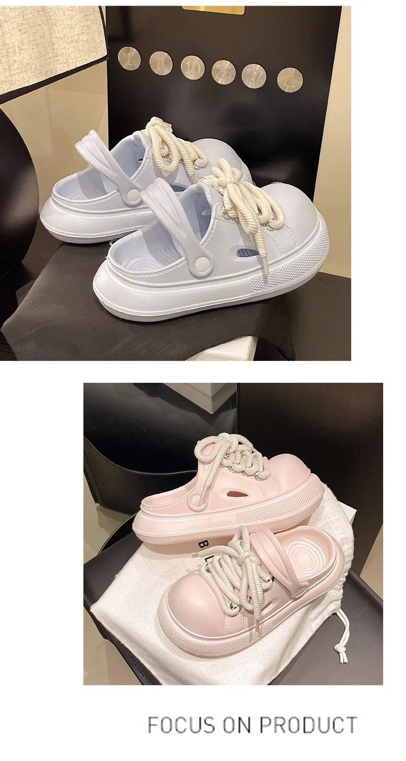 2025 DIY Laceup Platform Slippers For Women Home Street Garden Shoes Thick Sole Fashion Clogs Girls Summer Sandals Beach Slides