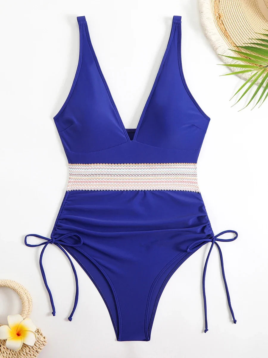 2026 Sexy Solid One Piece Swimsuit Women V-neck Drawstring Swimwear Female Bathers Bathing Swimming Swim Suit Beachwear