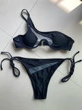 Splicing Mesh Underwire V-bar One Shoulder Bikini Women Swimsuit Female Swimwear Two Pieces Bikini Set Push Up Bathing Suit Swim
