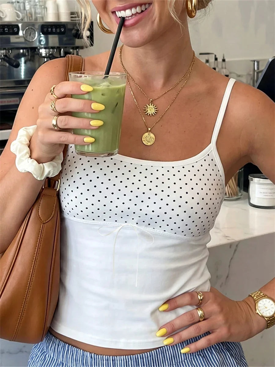 Women's Summer Tank Tops Casual Stylish Dots Print Sleeveless Square Neck Slim Fit Camisole Tops Spaghetti Strap Vest
