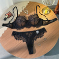 Black Lace Bra and Panty Set – Sexy Sheer Mesh Push-Up Bralette with Scalloped Edges + Thong Lingerie – Romantic Valentine’s Day
