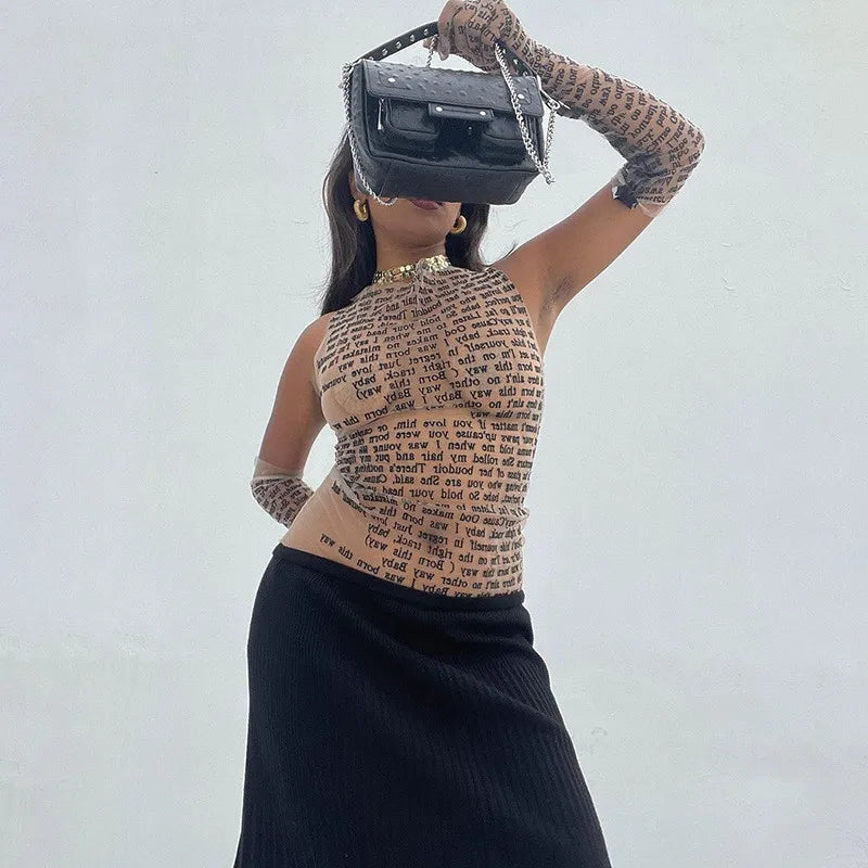 AHAgaga Sexy Tee T-shirt Women 2025 Summer Casual Letter Print Skinny See Through With Gloves Cropped Shirts Women Female Blusas