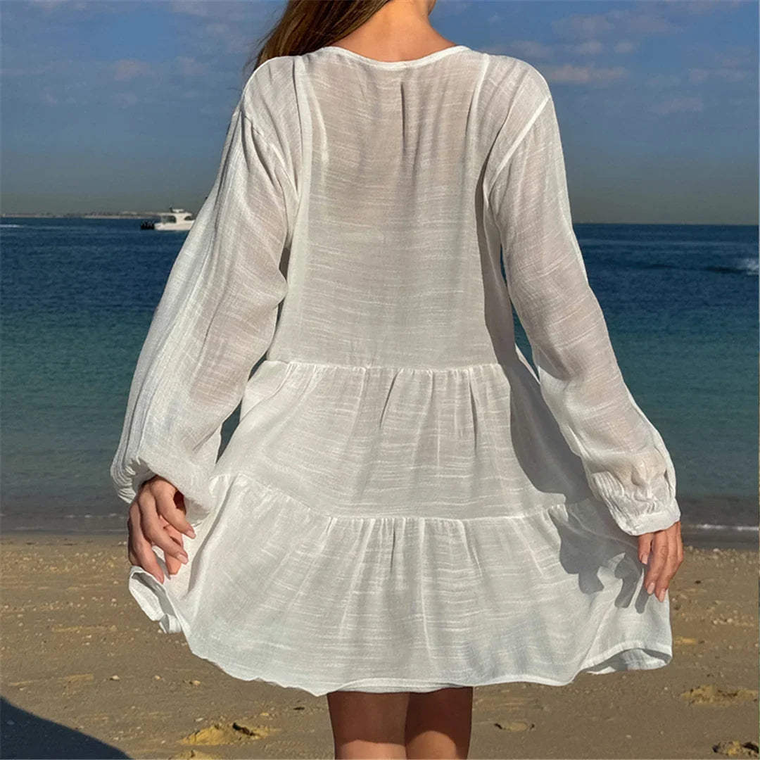2025 Long Sleeve Hollow Out Crochet Knitted Tunic Beach Cover Up Cover-ups Beach Dress Beach Wear Beachwear Female Women K6674