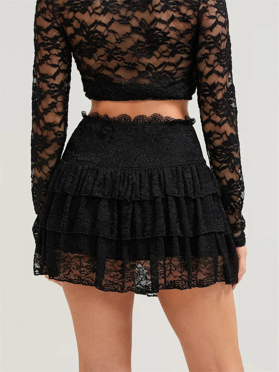 Women Flower Lace Mini Skirts High Waist Ruffle Layered Pleated Skirt Summer Y2K Gothic Skirt for Beach Club Street
