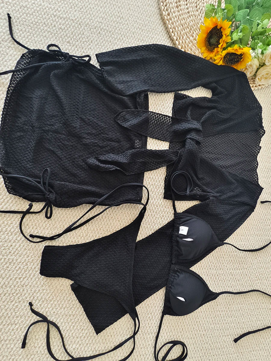 4 Pieces Halter String Bikinis 2026 Tops & Skirt Solid Swimwear Female Sexy Swimsuit Women Bathers Bathing Swimming Swim Suit