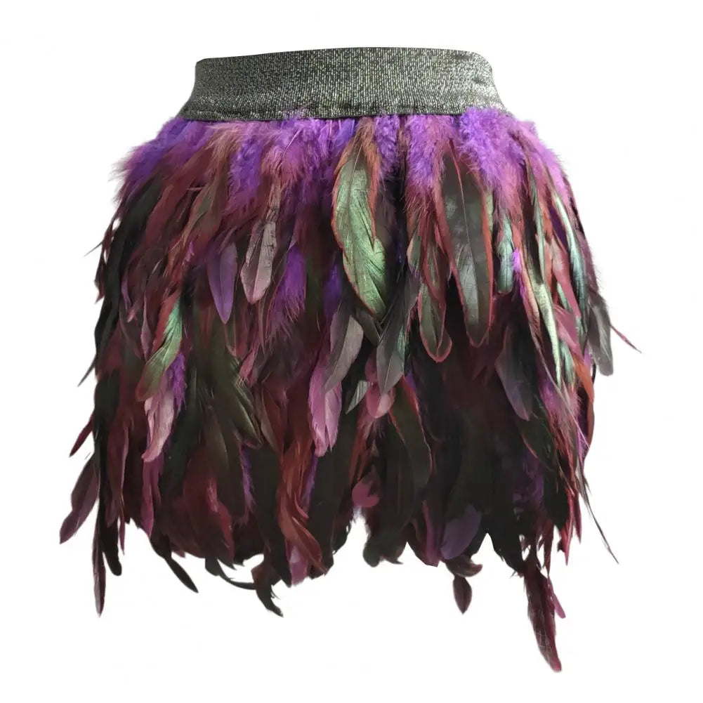 Womens Faux Feather Mini Skirt Elastic Mid Waist A-line Skirt Ladies Mardi Gras Outfit Festivals Carnival Dance Party Supplies