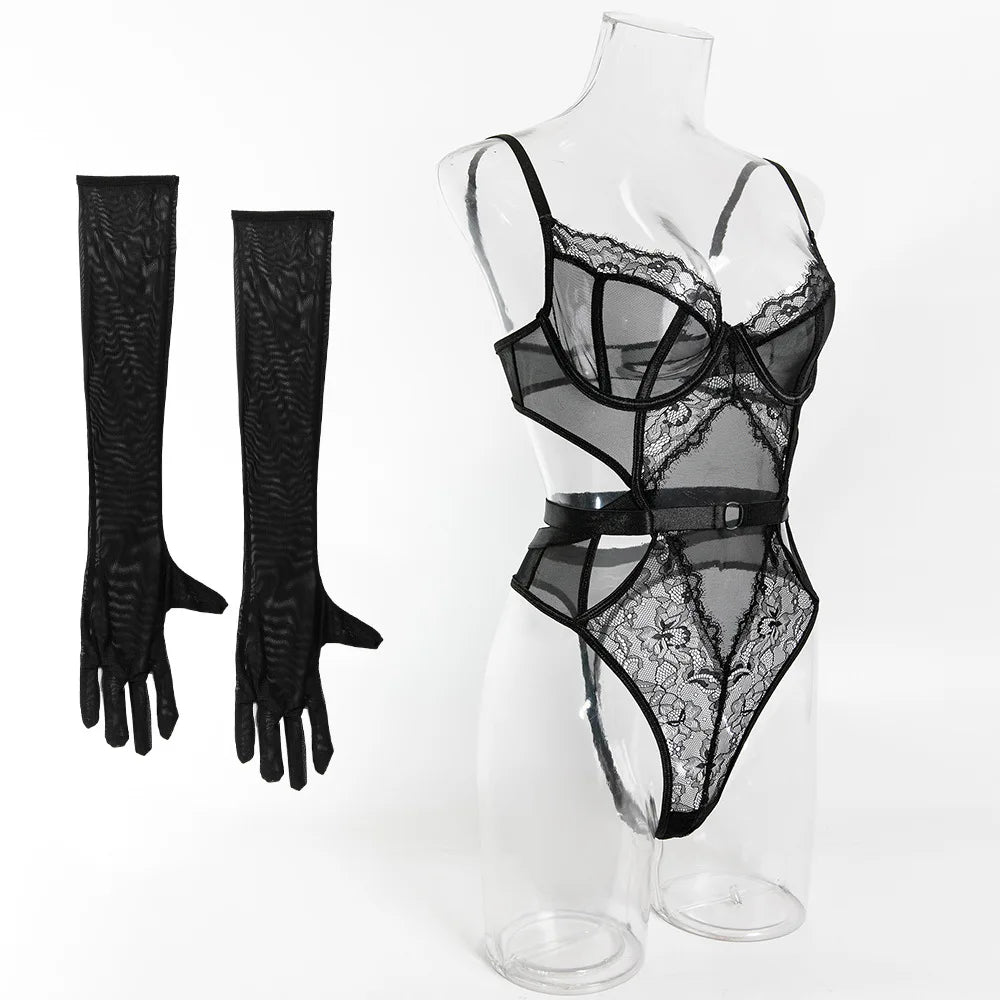 Women's Sexy Black Lace See-Through Jumpsuit - Hollow Mesh Shapewear Bodysuit for Special Occasions