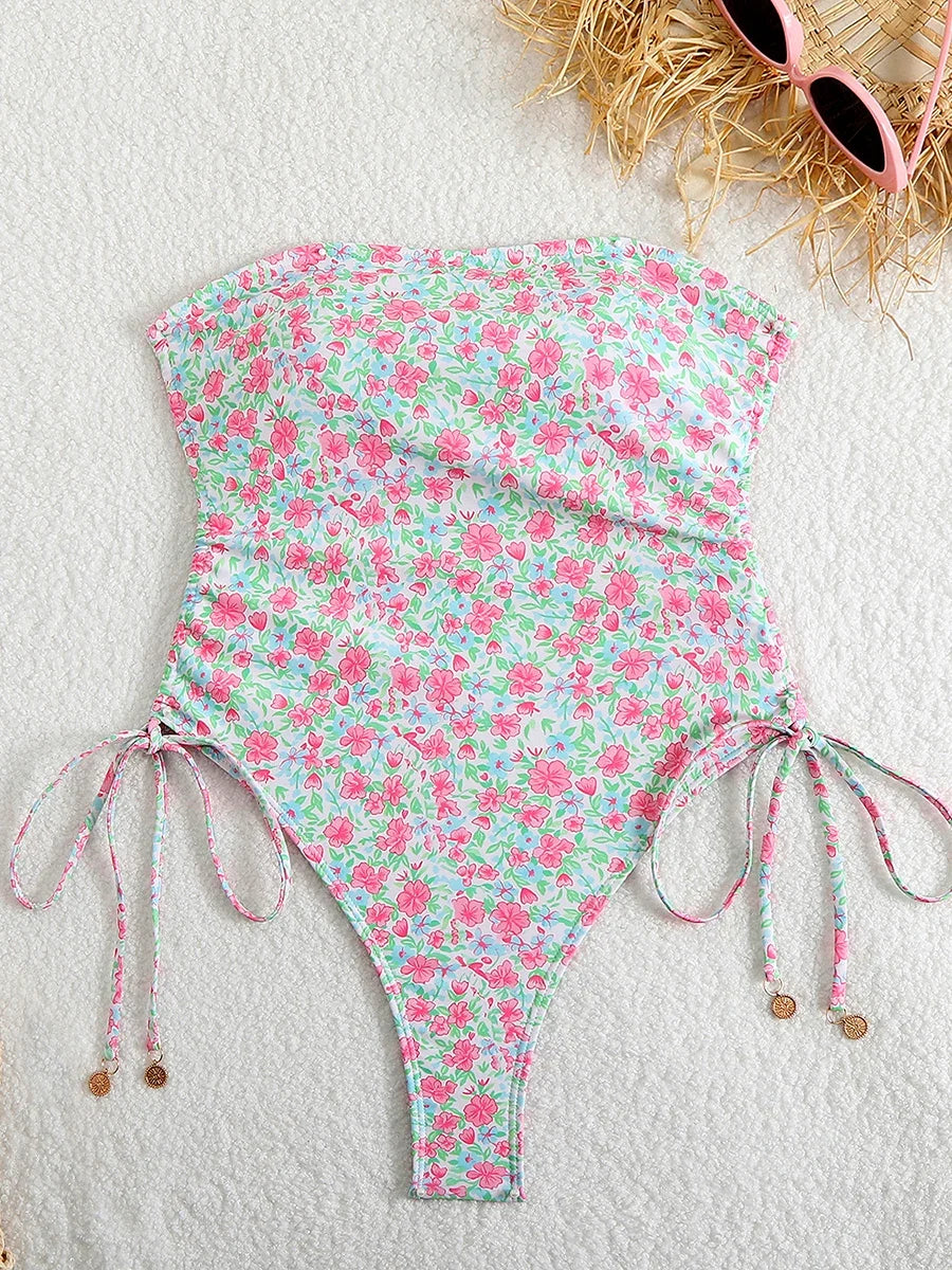 2026 Sexy Drawstring High Cut Swimsuit One Piece Printed Swimwear Women Bathers Bathing Swimming Swim Suit Female Beachwear
