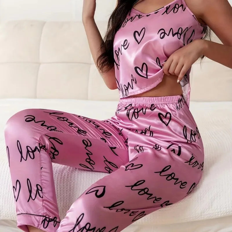 Women's Satin Floral Pajama Sets with Spaghetti Strap Tops and Long Pants Sleepwear 2 Piece Sleeveless Home Clothes Loungewear