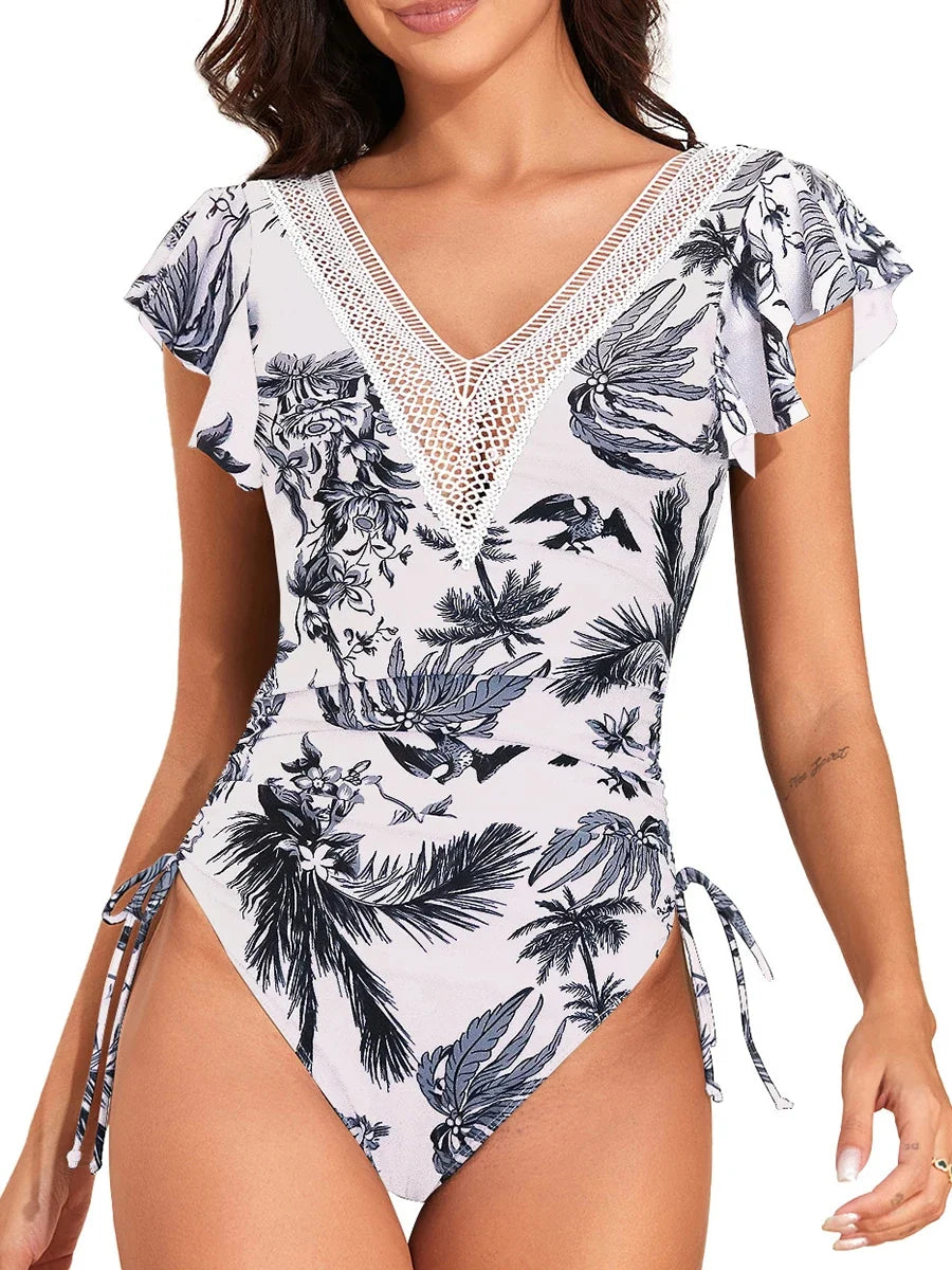 2026 Crochet Drawstring One Piece Swimsuit Women Sexy Ruffle Swimwear Female Solid Bathers Bathing Swimming Swim Suit Beachwear