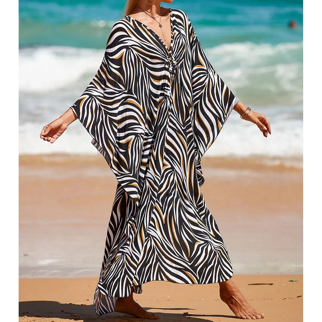Sexy Zebra Printed V Neck Tunic Beach Cover Up Cover-ups Beach Dress Beach Wear Beachwear Beach Long Dress Female Women V4159