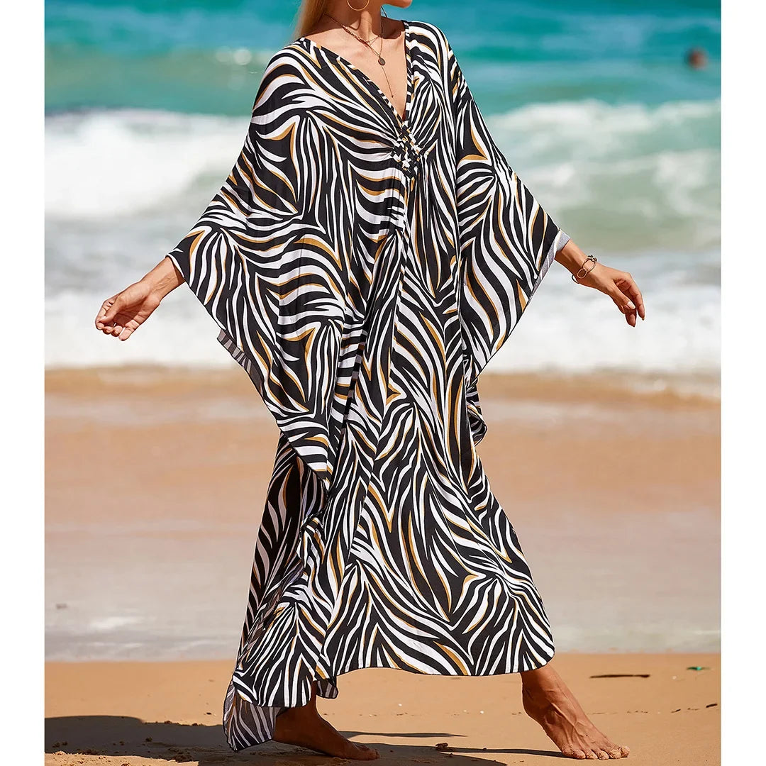 Sexy Zebra Printed V Neck Tunic Beach Cover Up Cover-ups Beach Dress Beach Wear Beachwear Beach Long Dress Female Women V4159