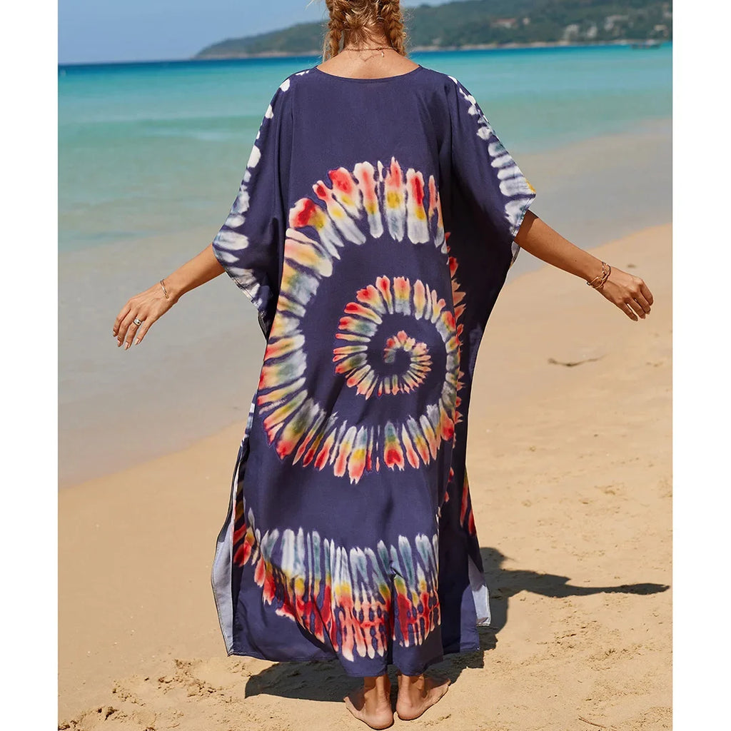 2026 New Colorful Kaftan Tunic Beach Dress Beach Wear Beachwear Beach Cover Up Cover-upsLoose Maxi Dress Female Women V4428