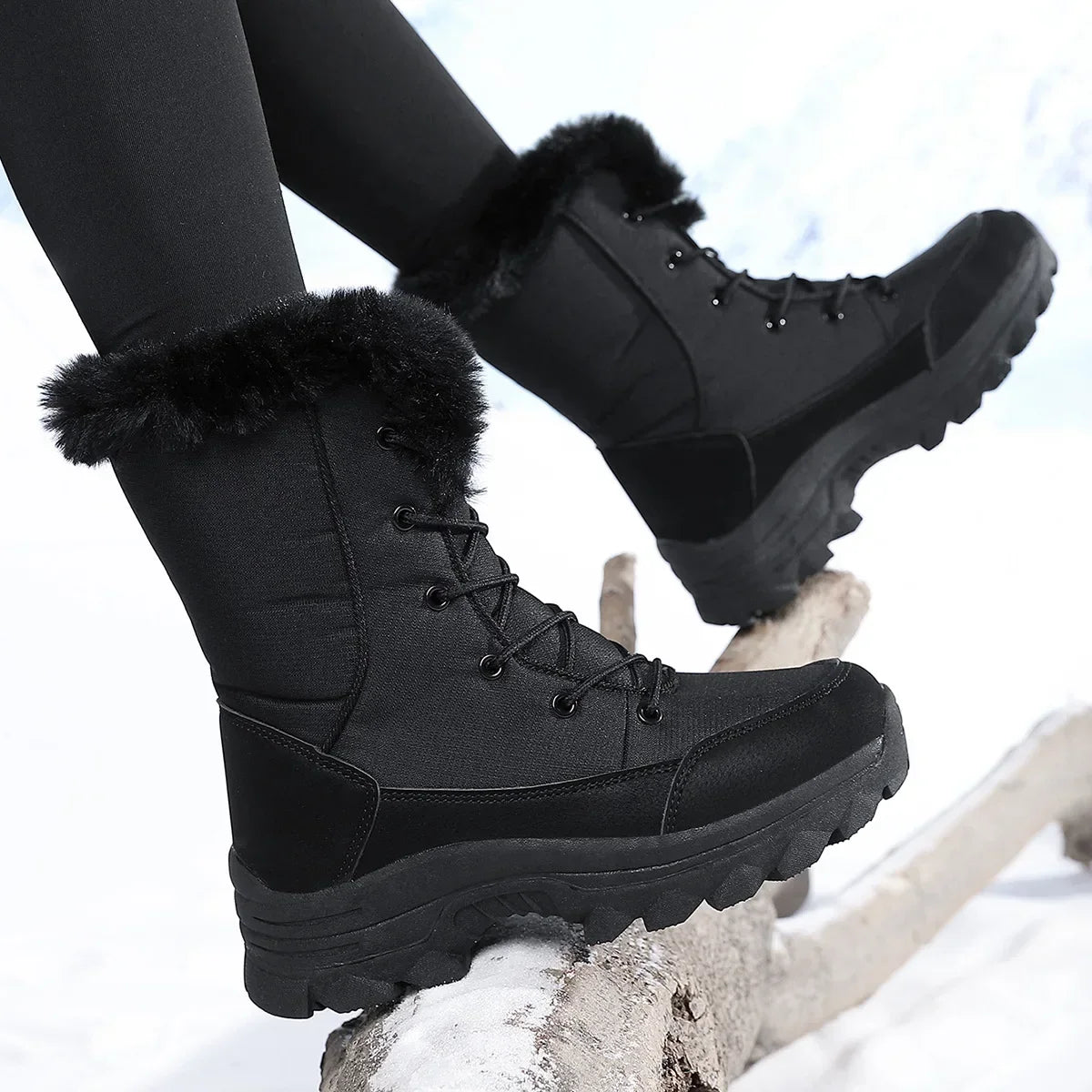 Winter Snow Boots  Women Waterproof Non-Slip Warm Northeast-Style Large Cotton Shoes, Ski , Fleece-Lined,  High-Top Cotton Boots