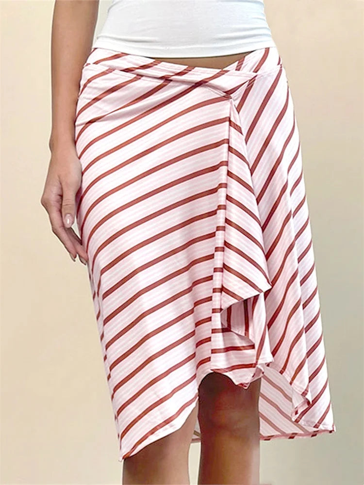 Summer Solid/Stripe/Plaid Midi Skirts for Women Casual Elegant A-Line Skirt for Beach Vacation Streetwear