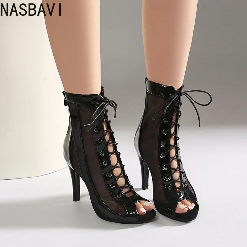 Plus Size Women Patent Leather Mesh Spliced Ankle Boots Back Zipper Peep Toe Lace Up Stiletto High Heels Hollow Out Summer Booti
